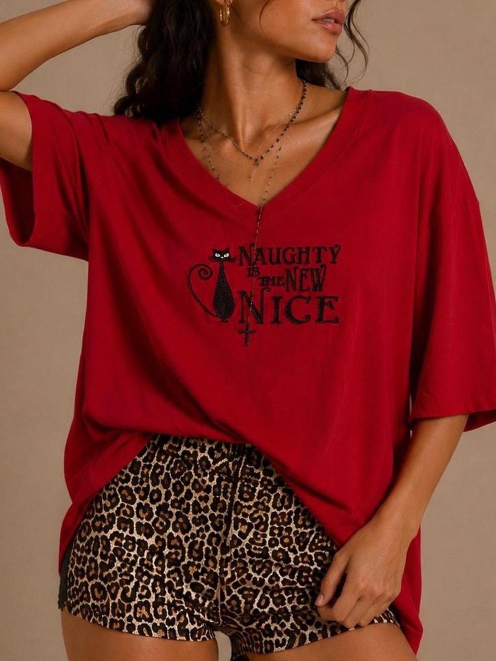 Pillow Talk Naughty Is The New Nice Cat Graphic Tee Red XL Y2K